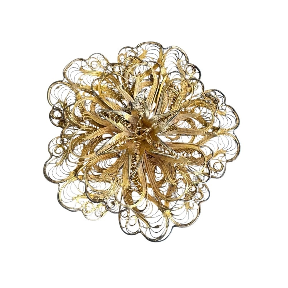 Vintage Sterling Silver Filigree Brooch Large‎ Flower Pin Spun Silver